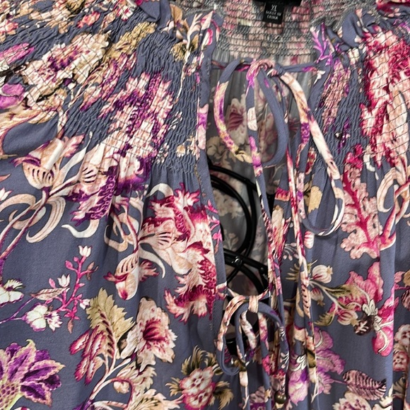 Dear John Blouse Floral Peasant Tie Front Ruffled Collar Smocked Balloon Sleeves - Picture 5 of 12